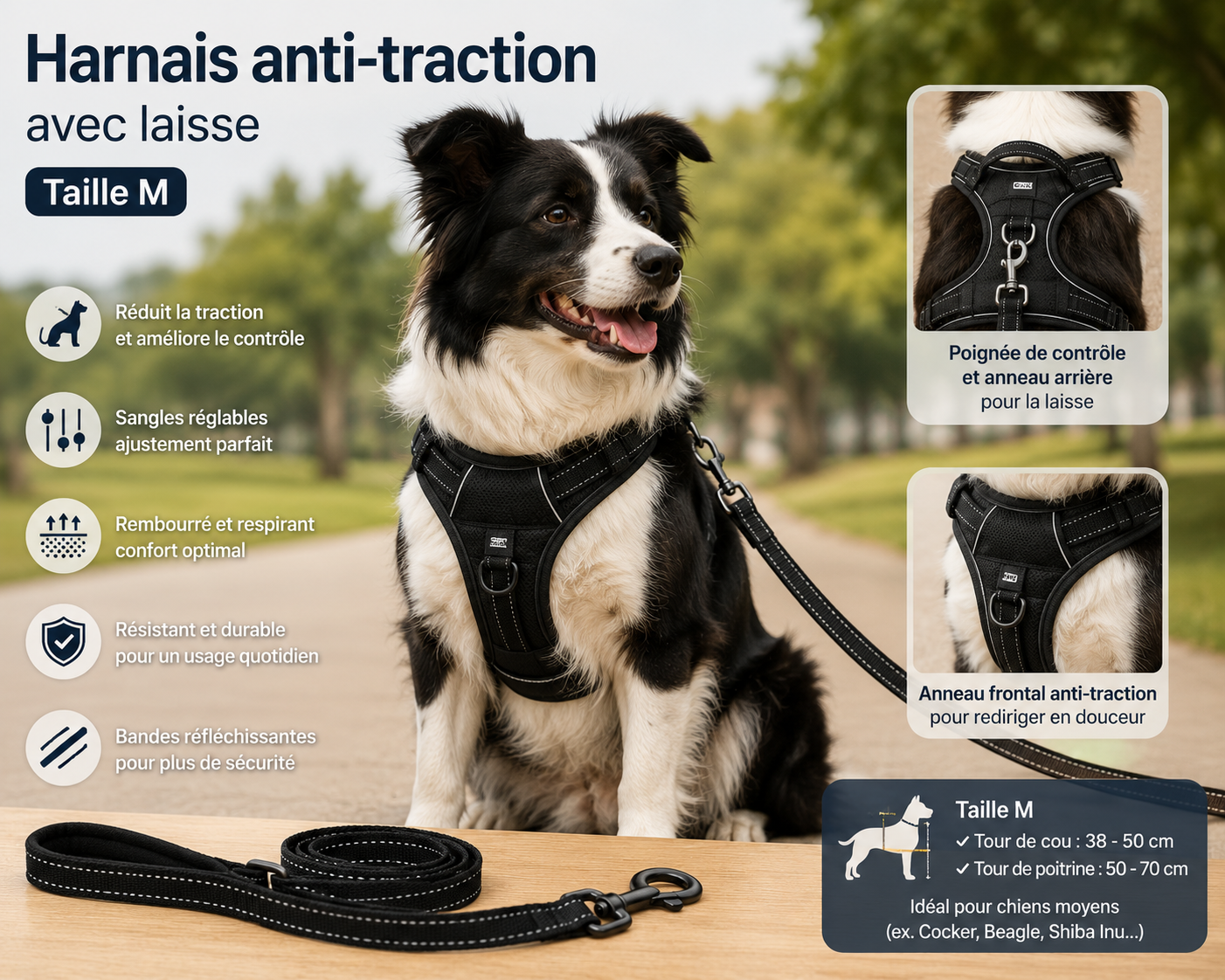 Harnais anti-traction avec laisse taille M