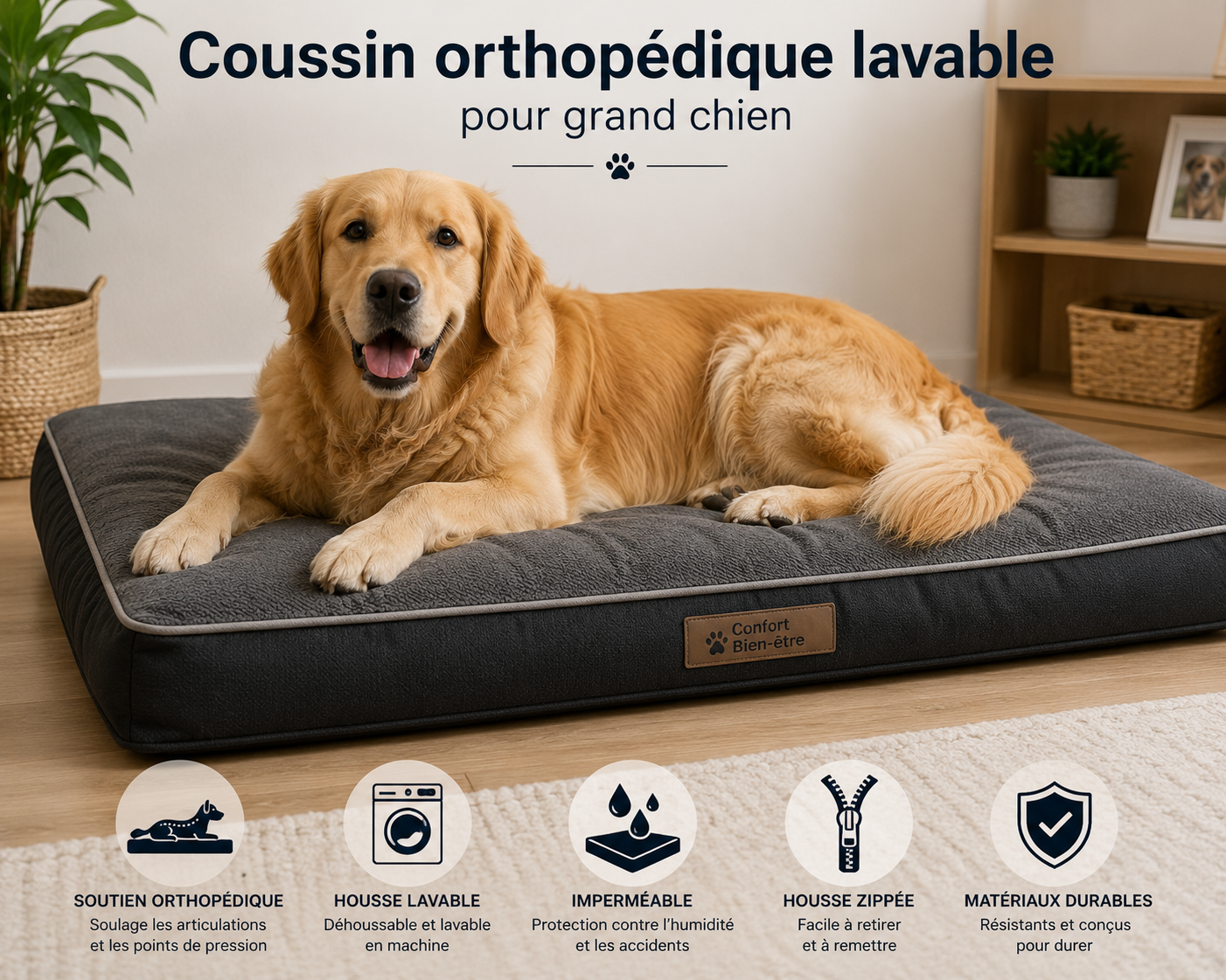 Coussin orthopédique lavable pour grand chien