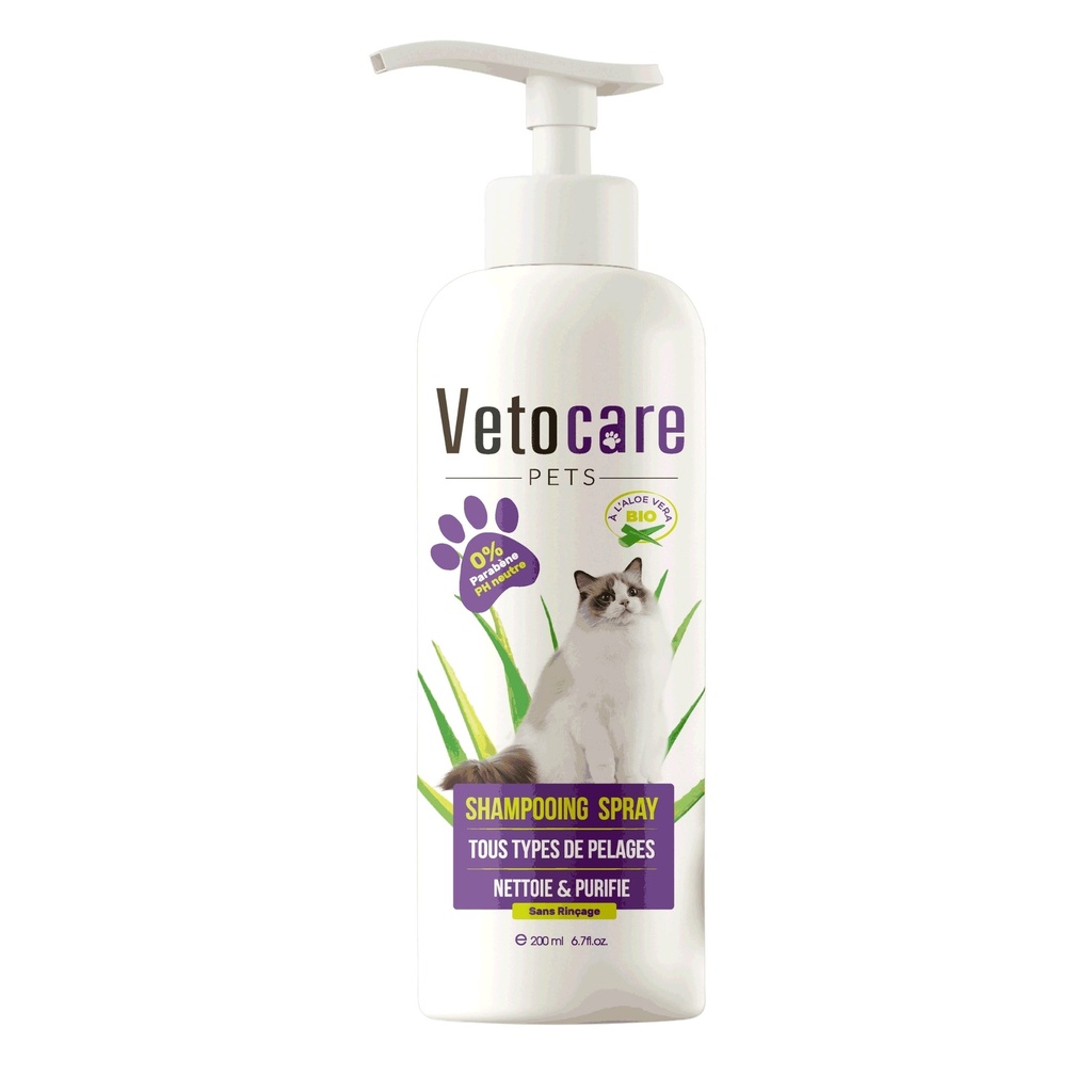 Shampoing Spray Sans Rinçage Chat Vetocare – 200ml (Parfum Floral)
