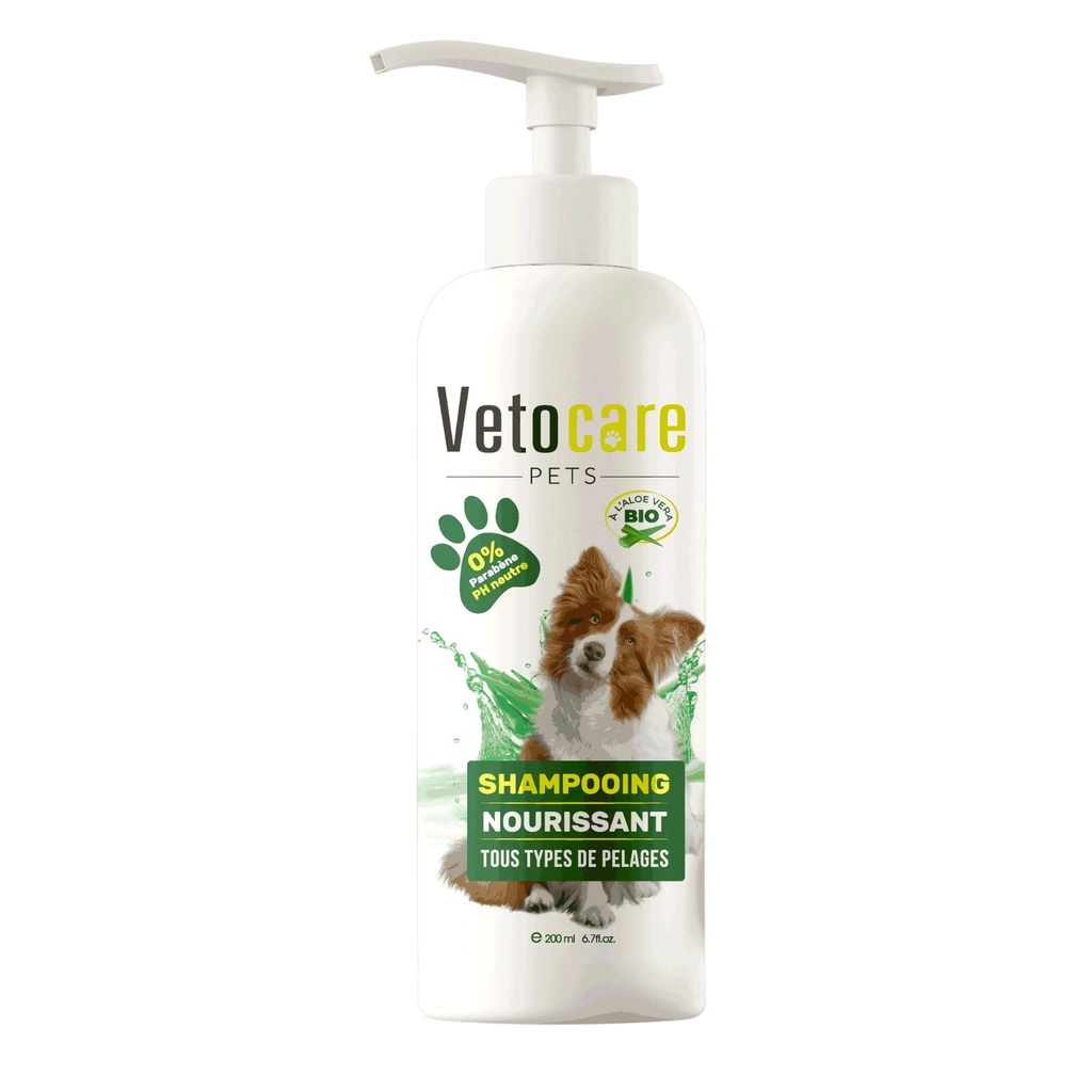 Shampoing Chien Vetocare – 200ml (Nourrissant / Poils Noirs / Poils Blancs)