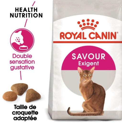 Croquettes Royal Canin Savour Exigent, formulées pour les chats adultes difficiles.