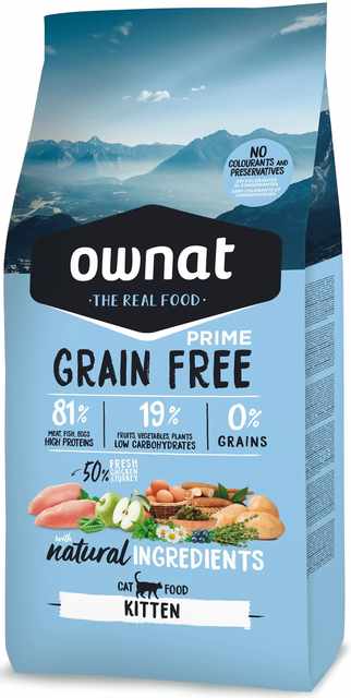 Croquettes pour chatons Ownat Grain Free Prime formulées sans céréales.