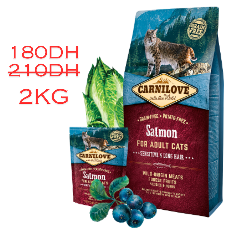 Carnilove Croquettes Cat Salmon Sensitive (DIGESTION SENSIBLE, POIL LONG) 2kg promo