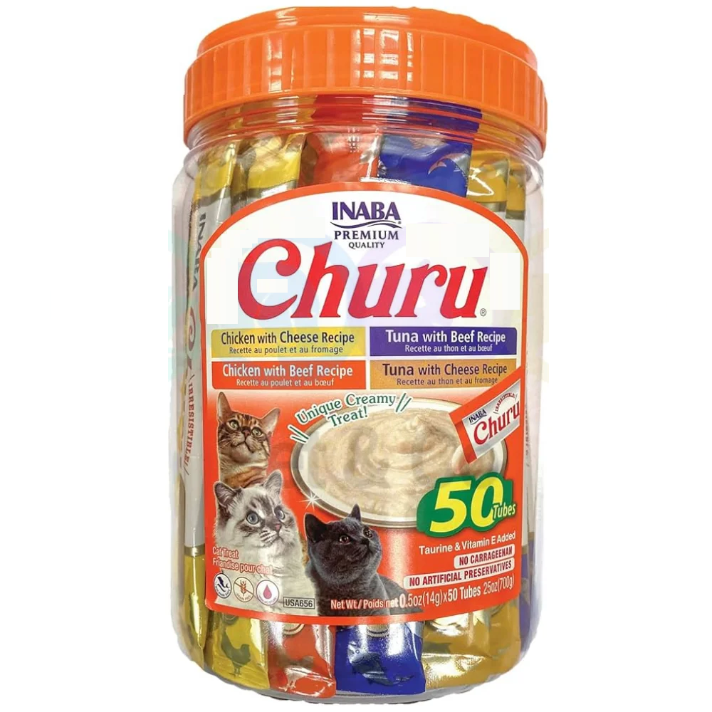 CHURU 50 friandises en purée mélange Poulet et Thon avec plusieurs saveurs (Poulet/Fromage | Poulet/Bœuf | Thon/Bœuf | Thon/Fromage)