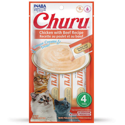 CHURU friandise en purée avec plusieurs saveurs (Poulet | Boeuf | Crabe | Thon | Saumon | Crevette | Fruits de Mer) - 4 sachets au Poulet/Boeuf