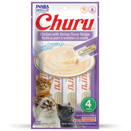 CHURU friandise en purée avec plusieurs saveurs (Poulet | Boeuf | Crabe | Thon | Saumon | Crevette | Fruits de Mer) - 4 sachets Poulet/Crevette