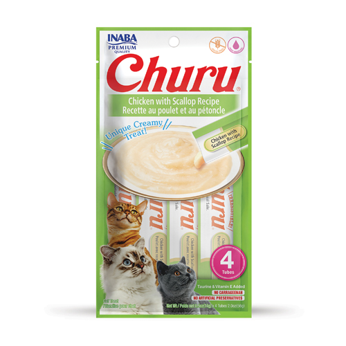 CHURU friandise en purée avec plusieurs saveurs (Poulet | Boeuf | Crabe | Thon | Saumon | Crevette | Fruits de Mer) - 4 sachets Poulet/Pétoncle