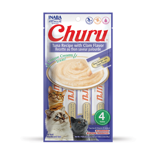 CHURU friandise en purée avec plusieurs saveurs (Poulet | Boeuf | Crabe | Thon | Saumon | Crevette | Fruits de Mer) - 4 sachets Thon/Palourde