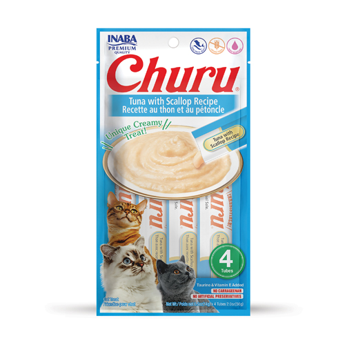 CHURU friandise en purée avec plusieurs saveurs (Poulet | Boeuf | Crabe | Thon | Saumon | Crevette | Fruits de Mer) - 4 sachets Thon/Pétoncle