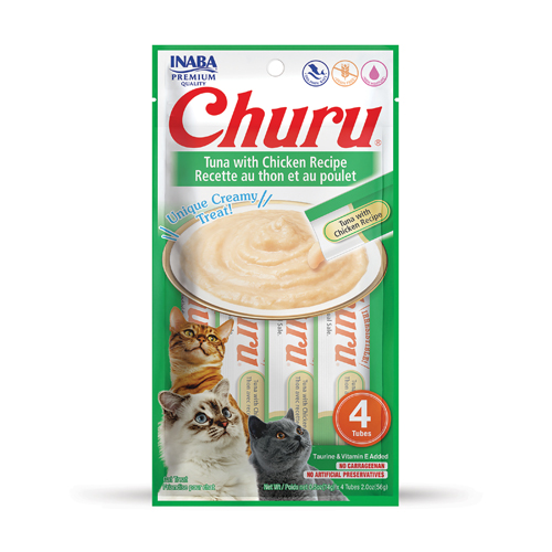 CHURU friandise en purée avec plusieurs saveurs (Poulet | Boeuf | Crabe | Thon | Saumon | Crevette | Fruits de Mer) - 4 sachets Thon/Poulet