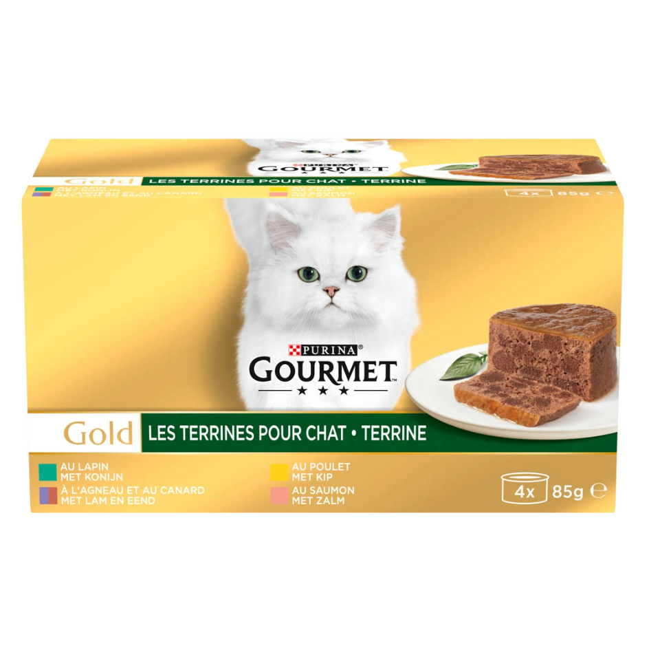 Purina Gourmet Gold Terrines 4x85g (saumon, lapin, Agneau, Canard, Poulet)