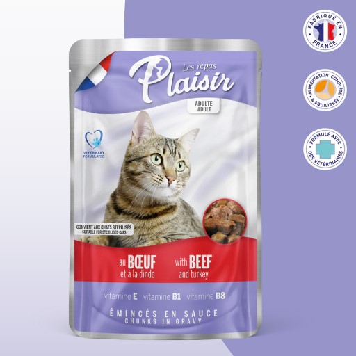 Sachets fraîcheur 100g d'émincés au BOEUF et DINDE en sauce (convient pour chat stérilisé)