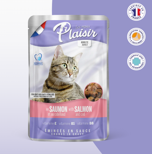 Sachets fraîcheur 100g d'émincés au Saumon et Cabillaud en sauce (convient pour chat stérilisé)