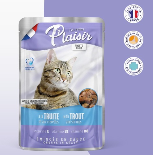 Sachets fraîcheur 100g d'émincés au Truite et Crevette en sauce (convient pour chat stérilisé)