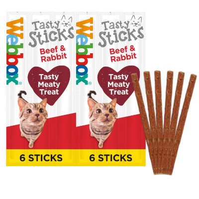 WEBBOX Cats Tasty Sticks pour chaton et chat avec plusieurs saveurs (Boeuf/Lapin | Dinde/Agneau | Poulet/Foie | Saumon/Truite | Canard) - 6 Sticks Boeuf/Lapin