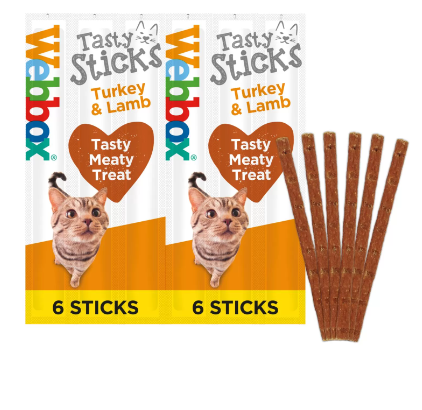 WEBBOX Cats Tasty Sticks pour chaton et chat avec plusieurs saveurs (Boeuf/Lapin | Dinde/Agneau | Poulet/Foie | Saumon/Truite | Canard) - 6 Sticks Dinde/Agneau