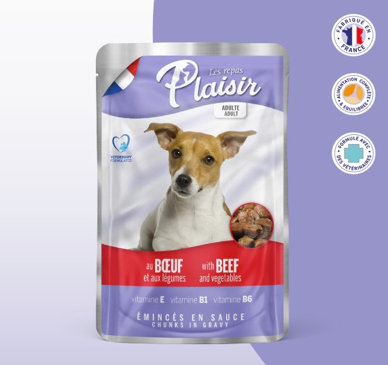 Sachet fraîcheur 100g d'émincés au BOEUF et aux Légumes en sauce (chien adulte)