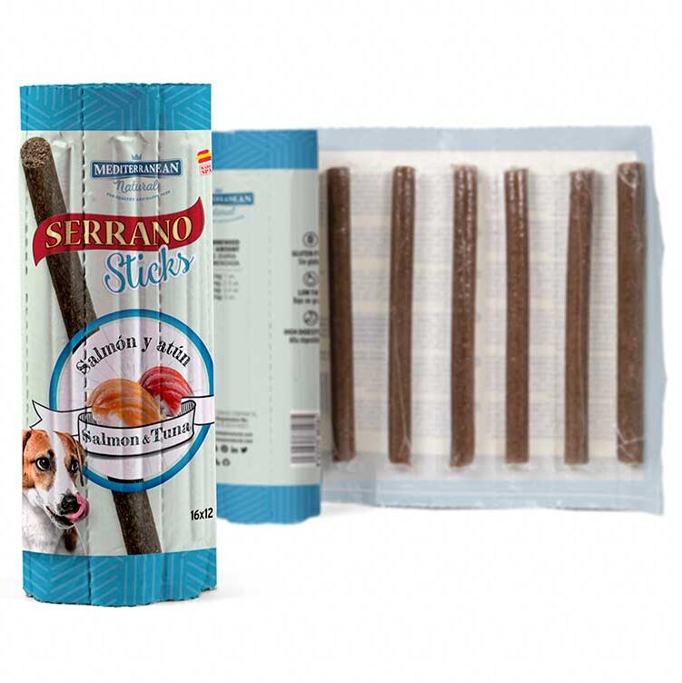 Sticks Serrano Pour Chiens Saumon et Thon (16pcsx12g)- Mediterrane