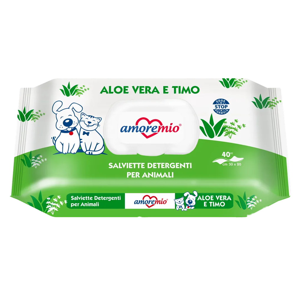 Lingettes Amoremio humides pour chiens et chats (40 PCS) Aloe Vera et Thym