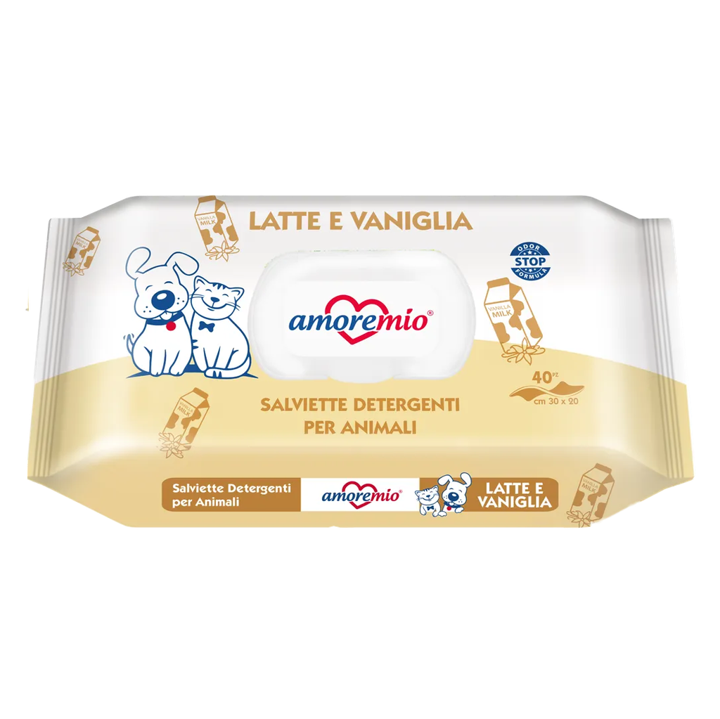 Lingettes Amoremio humides pour chiens et chats (40 PCS) Lait et Vanille