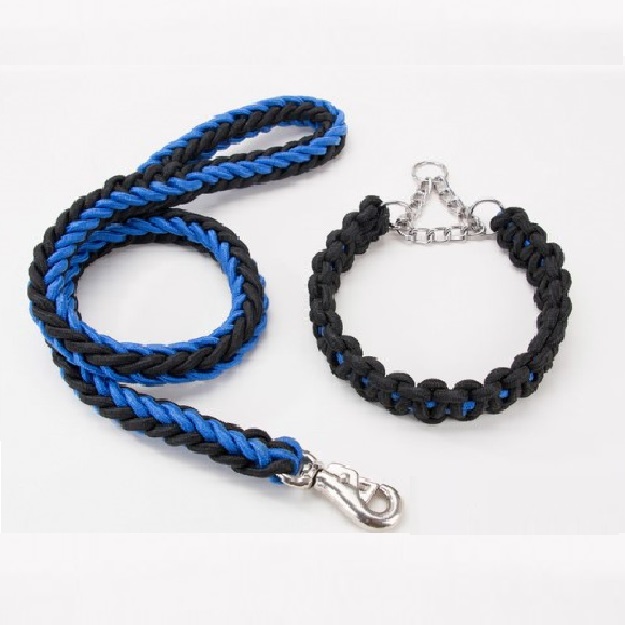 Laisse avec collier pour grand chien (Rouge/Noir | Noir | Bleu/Noir | Vert foncé) - Bleu/Noir