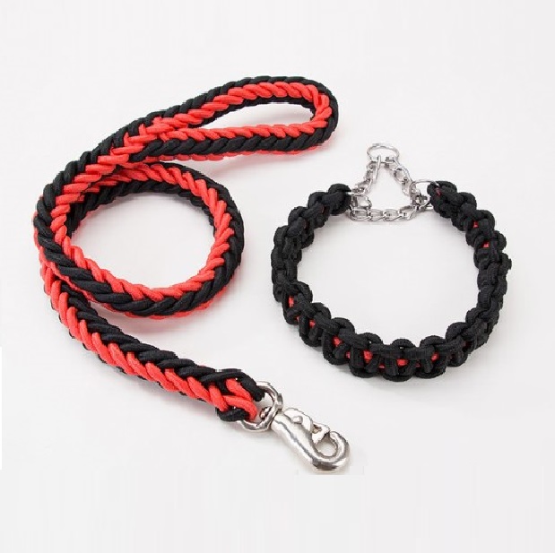 Laisse avec collier pour grand chien (Rouge/Noir | Noir | Bleu/Noir | Vert foncé) - Rouge/Noir