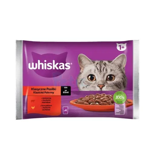 [PS-0083] Whiskas Repas Classiques en Sauce pour Chats Adultes – Saveurs Poulet & Bœuf – 4 Sachets Frais de 85g (340g)