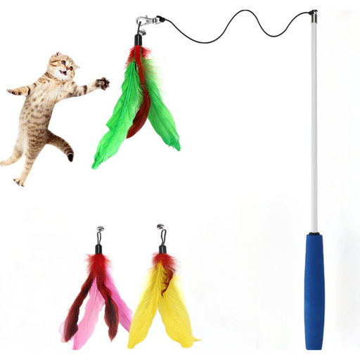 [jouet-interactif-baguette-pour-chat] Jouet interactif pour chat avec tige télescopique et 3 plumes