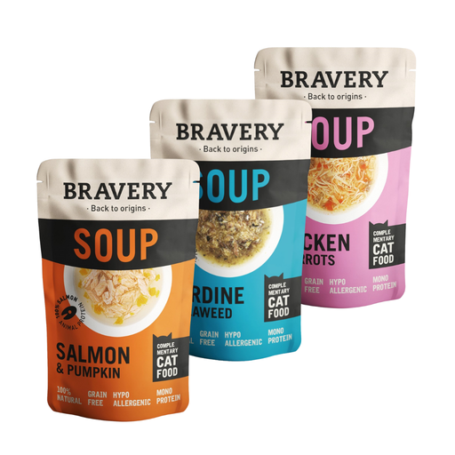 [bravery-chicken-carrots-soup] Soupe Bravery – Friandise gourmande naturelle pour chats (sachets de 40 g) | Sans céréales, 100 % naturelle et hypoallergénique