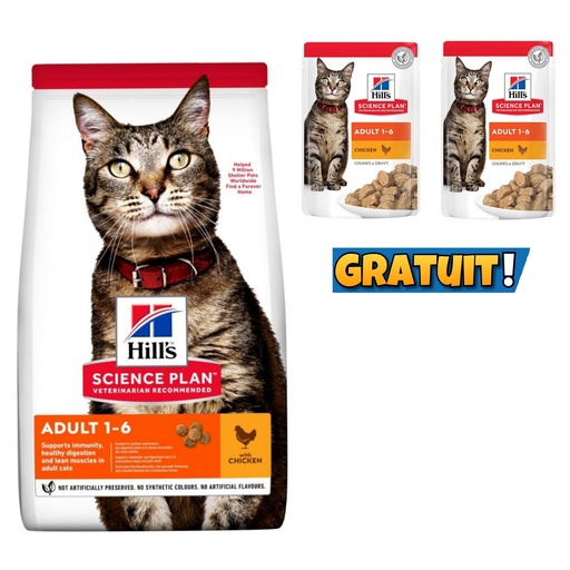 Croquettes pour chats HILL’S Adulte , au Poulet 1,5 kg + 2 pochons gratuit