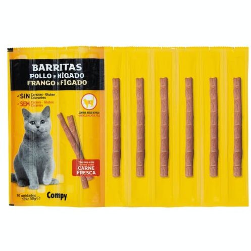 Barres de Collation Pour Chats (Saumon au Truite | Compy au Poulet et Foie) Barritas 10 pièces - Compy au poulet et foie