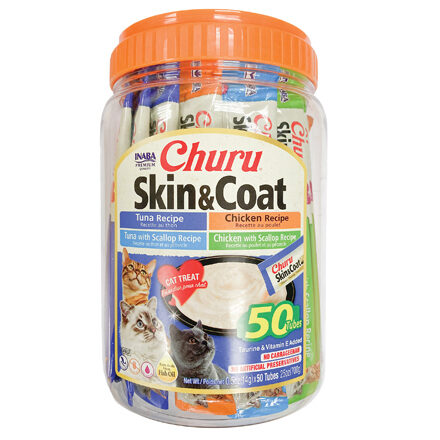 CHURU 50 friandises Skin And Coat en purée mélange Poulet et Thon avec plusieurs saveurs (Poulet | Thon | Poulet/Pétoncles| Thon/Pétoncles)