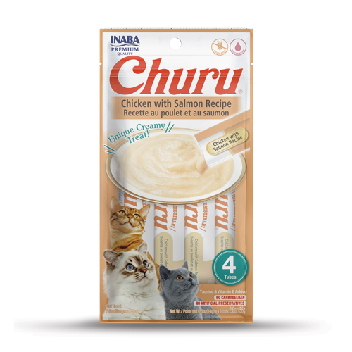 CHURU friandise en purée avec plusieurs saveurs (Poulet | Boeuf | Crabe | Thon | Saumon | Crevette | Fruits de Mer) - 4 sachets Poulet/Saumon