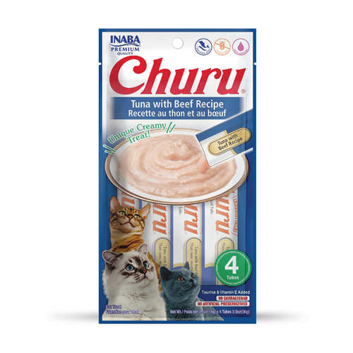 CHURU friandise en purée avec plusieurs saveurs (Poulet | Boeuf | Crabe | Thon | Saumon | Crevette | Fruits de Mer) - 4 sachets Thon/Boeuf