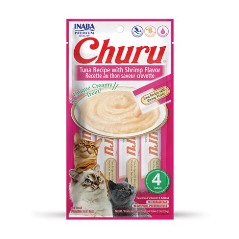 CHURU friandise en purée avec plusieurs saveurs (Poulet | Boeuf | Crabe | Thon | Saumon | Crevette | Fruits de Mer) - 4 sachets Thon/Crevette