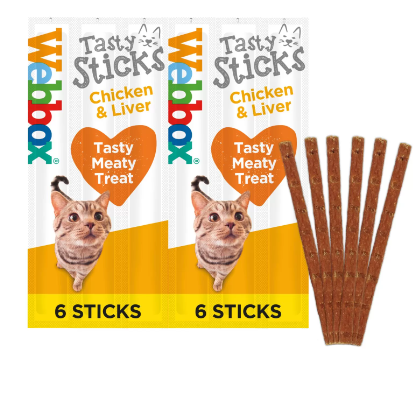 WEBBOX Cats Tasty Sticks pour chaton et chat avec plusieurs saveurs (Boeuf/Lapin | Dinde/Agneau | Poulet/Foie | Saumon/Truite | Canard) - 6 Sticks Poulet/Foie