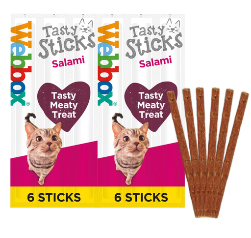 WEBBOX Cats Tasty Sticks pour chaton et chat avec plusieurs saveurs (Boeuf/Lapin | Dinde/Agneau | Poulet/Foie | Saumon/Truite | Canard) - 6 Sticks Salami