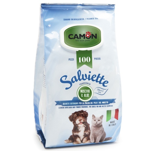 Camon Lingettes pour Chien et Chat à l'Aloe Vera au parfum de Mousse Blanche (100pcs)
