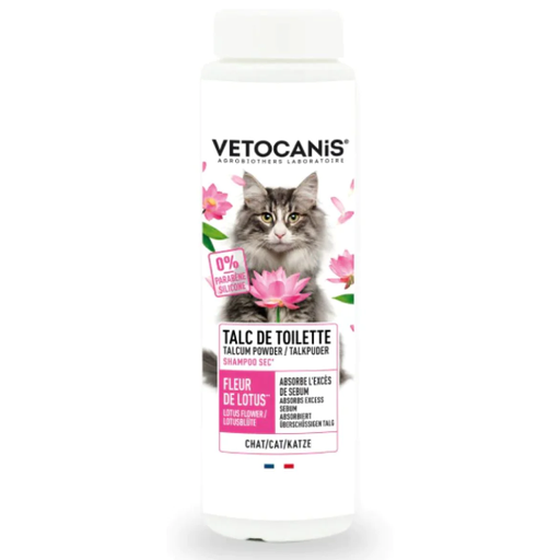 Shampoing Sec Sans rinçage à la Poudre de Talc, pour Chat VETOCANIS 150ml