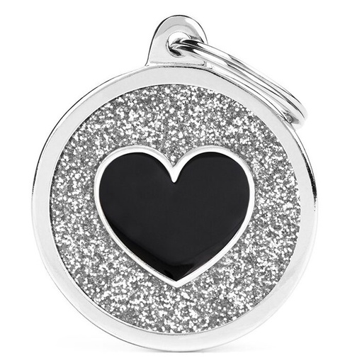 Médaille Shine Cercle Grand Glitter Gris Cœur Noir
